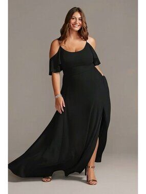 Black Cold Shoulder Front Slit Long Gown Maxi Dress Pockets Size 12 Wedding